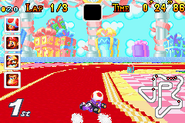 Ribbon Road Road GBA.png (9 KB) Toad drifting on a corner.