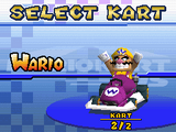 Wario in his Standard WR on the Select Kart screen.
