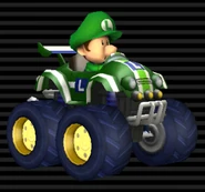 Baby Luigi's Tiny Titan, green with white stripes, blue emblem, bright green stripe through.