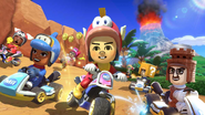 Multiple Miis racing on the Mario Kart 8 Deluxe version of DK Mountain.