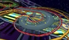 A areal view of DS Waluigi Pinball from , with  spread out across the track.
