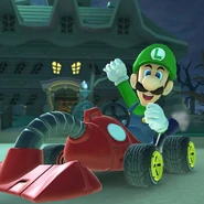 Luigi driving the Poltergust 4000 in DS Luigi's Mansion.