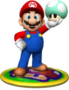 A trophy of Mario with an early, green version of the Mega Mushroom (Mario Party 4).
