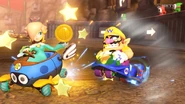 Wario bumps into Rosalina while approaching the track's finish line.