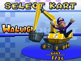 Waluigi on his Gold Mantis on the Select Kart screen.