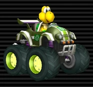 Koopa Troopa's Tiny Titan, swampy green with white stripes, green emblem, light green stripe through, hub caps are tinted bright green, tires are tinted green.