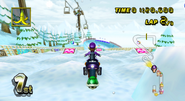 Waluigi racing in Mario Kart Wii.