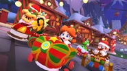 Various racers racing through the Christmas themed village.