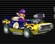 Waluigi in his Flame Flyer.