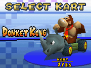Donkey Kong in his Rambi Rider in the Select Kart screen in Mario Kart DS.