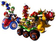 Artwork of Bowser and Bowser Jr. battling Mario and Luigi with Bob-ombs in Mario Kart: Double Dash!!