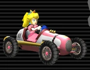 Peach's Classic Dragster, which has a white body, pink stripes & rims, blue windshield, and yellow dual-exhaust.