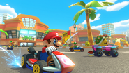 Mario, Bowser and Luigi racing at the parking lot in Mirror Mode.