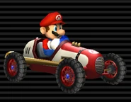 Mario's Classic Dragster, which has a white body, red stripes & rims, blue windshield, and golden dual-exhaust.