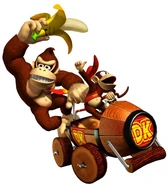 Artwork of Donkey Kong and Diddy Kong riding the DK Jumbo in Mario Kart: Double Dash!!.