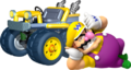 Artwork of Wario in Mario Kart 7, resting beside his Bolt Buggy.