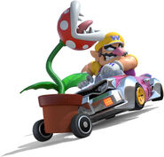 Artwork of Wario with the Potted Piranha Plant from Mario Kart 8.