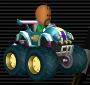 Male Mii's Tiny Titan, turquoise with white stripes, yellow emblem, violet stripe through, tires are tinted turquoise.