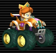 Baby Daisy's Tiny Titan, orange with white stripes, purple emblem, dark green stripe through, tires are tinted green.