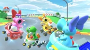 Birdos and Yoshi in GCN Yoshi Circuit. Birdo (Yellow) is on a Bumble V.