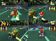 A four-player race in Mushroom City in the beta version.