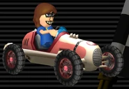 Female Mii's Classic Dragster, which has a pink body & rims, light blue windshield, white stripes & dual-exhaust.