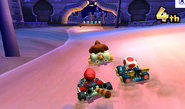 Mario, Toad and Donkey Kong racing at the track.