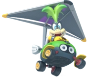 Iggy Koopa gliding through the air in Mario Kart 8.