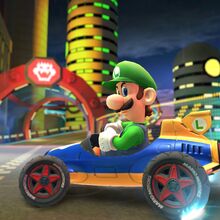 Luigi driving in the Mach 8 at , passing off his intimidating death stare...