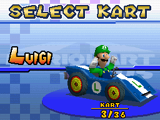 Luigi in his Streamliner on the Select Kart screen.