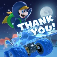 Penguin Luigi tricking on the Ice-blue Poltergust in N64 Frappe Snowland, as the "Thank You!" image for the Ice Tour from Mario Kart Tour Official Twitter.