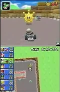 A white Shy Guy doing a game of Shine Runners on the stage.