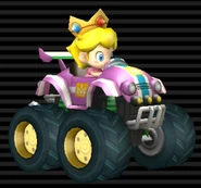 Baby Peach's Tiny Titan, pink with white stripes, yellow emblem, light blue stripe through, tires are tinted green.