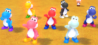 De bekendste kleuren Yoshis. Van links naar rechts: Lichtblauwe Yoshi, Gele Yoshi, Roze Yoshi, Rode Yoshi, Zwarte Yoshi, Witte Yoshi, Blauwe Yoshi.
