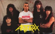 A picture of the band from the 1980s that features guitarist Scott Ian wearing a Married.. with Children t-shirt.