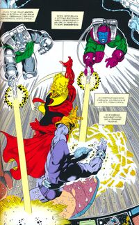 Doctor Doom and Kang the Conqueror attack Magus and Adam Warlock