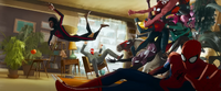 Spider-Man Across the Spider-Verse Spider-Men chase Miles Morales throw Spider-Therapist office