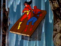 Spider-Woman and Spider-Man on the raft Earth-700459