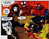 Carnage, Shriek, Doppelganger and Demogoblin in a warehouse