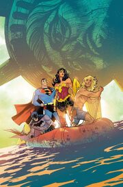 The cover for Justice League Volume 4 #32. Depicts Superman, Wonder Woman, and Batman on a raft being paddled by Kamandi. Behind them is the toppled, dilapidated Statue of Liberty.