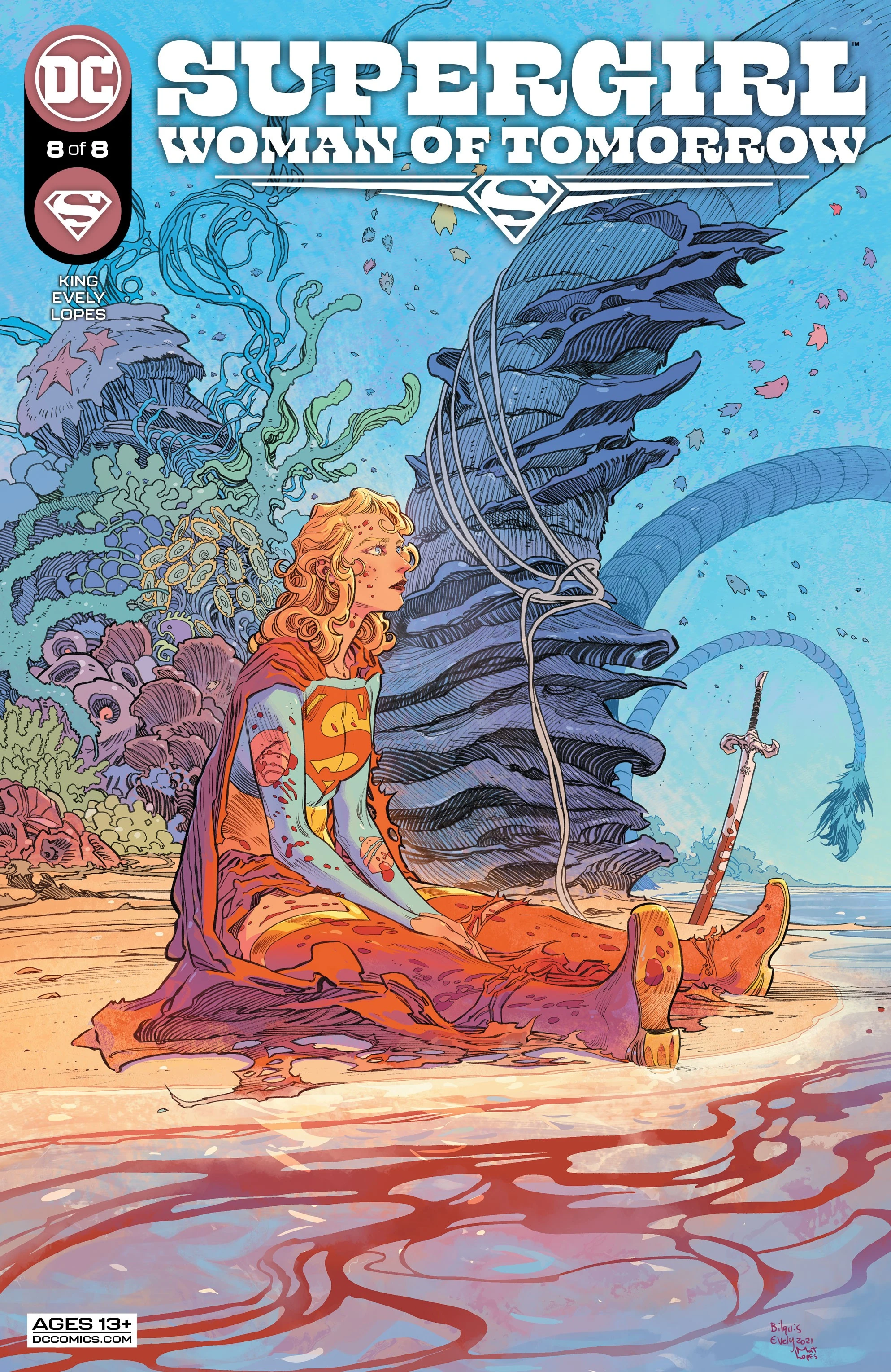 Supergirl sitting on the beach, empty eyes, blood in the water