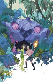 The cover of "The Kamandi Challenge" issue 3. Depicts Kamandi and the plant-girl Vila on alert in a jungle, with a statue of a panther behind them.