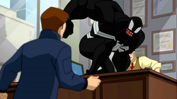 Venom barges in The Daily Bugle and reveals Spider-Man's secret identity