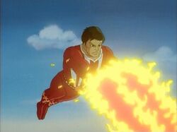 Sunfire using his flight and fire blasts