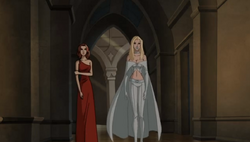 Jean and Emma walk through the Hellfire Club's hideout.