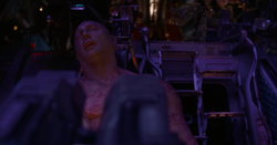 Drax asleep during the ride to the distress call