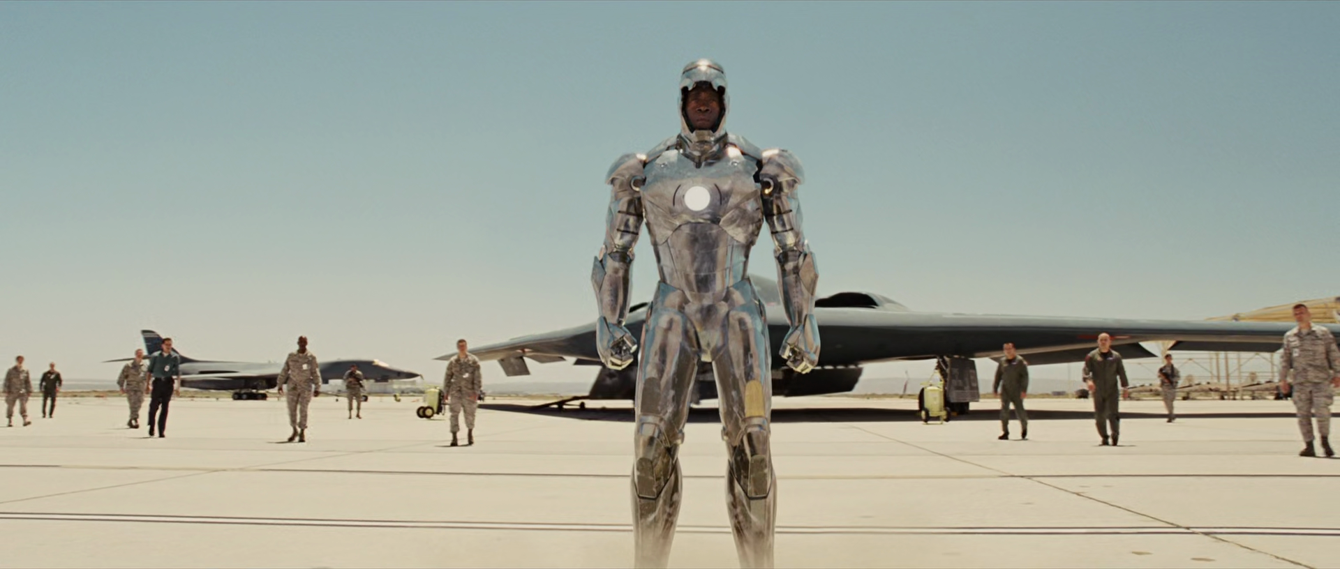 In Iron Man 2 War Machine has ED 445 FLTS on his shoulder. This is the  tail code for the 445th Flight Test Squadron out of Edwards Air Force Base,  which is