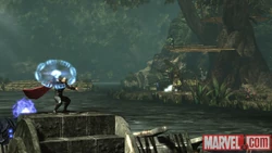 Thor fights from a stolen skiff