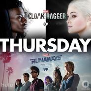 CloakAndDaggerxRunaways.jpg (99 КБ) Постер сериалов Беглецы и Плащ и Кинжал от Hulu и Freeform.