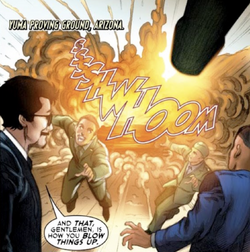 Stark demonstrates his weapons for the 